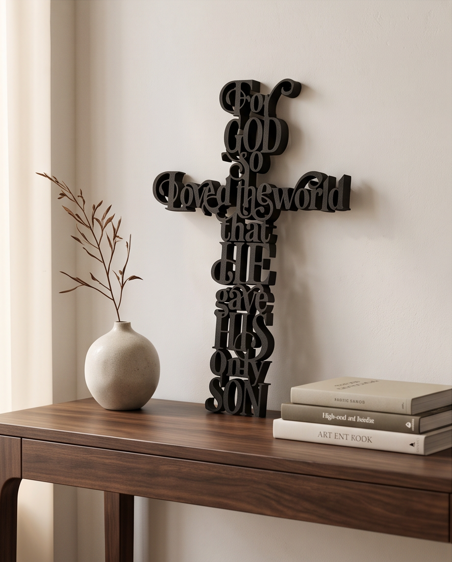 Christian Wall Art – “For God So Loved the World” Cross Sign | 11" x 7" Scripture Decor