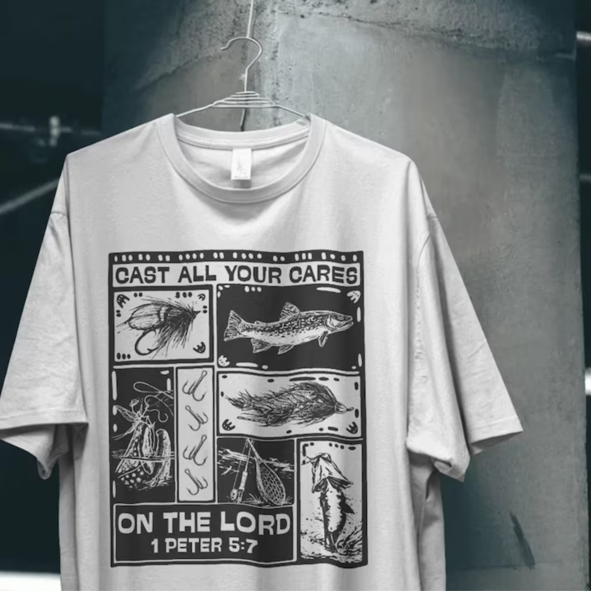 Cast All Your Cares on the Lord | 1 Peter 5:7 Christian Fishing Graphic Tee