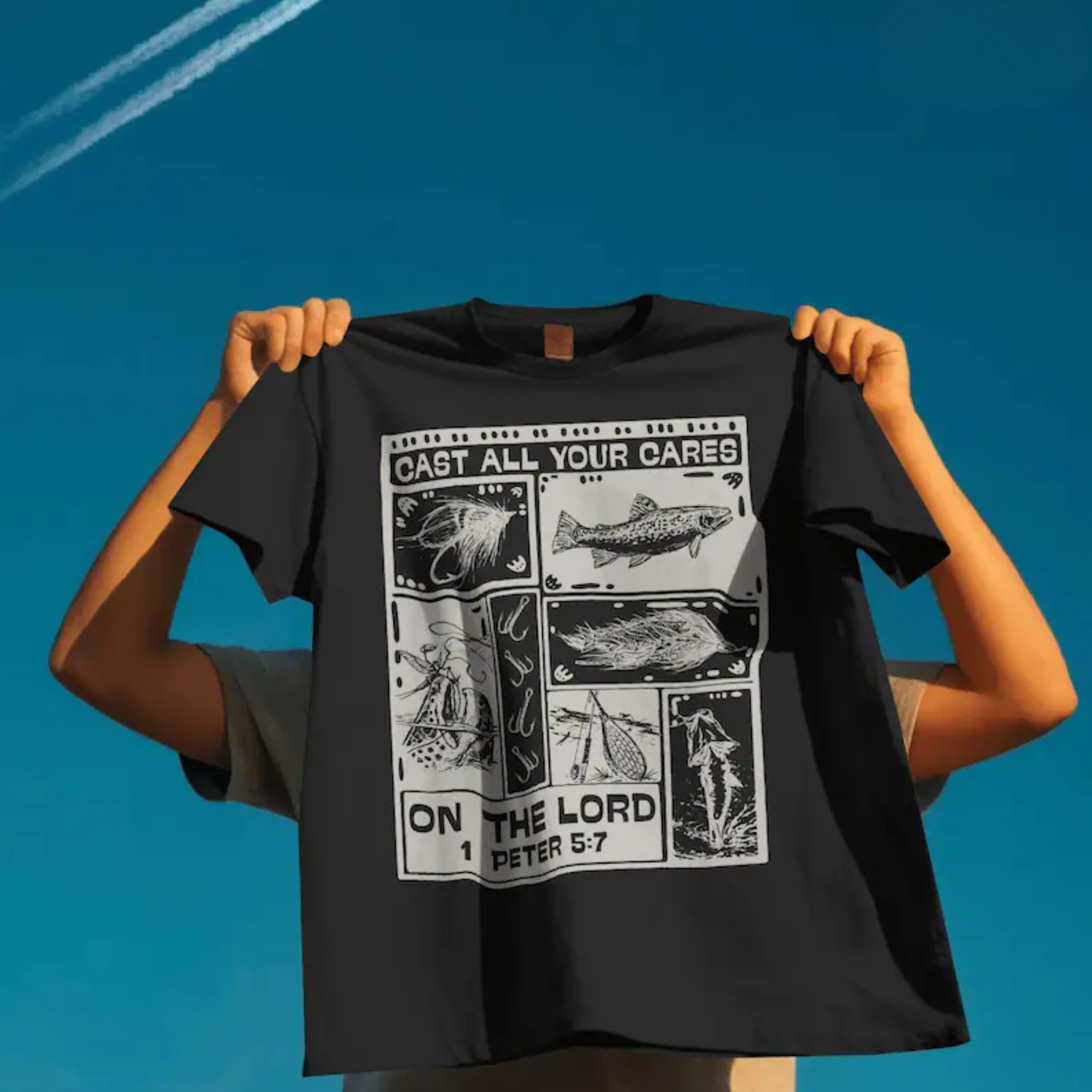 Cast All Your Cares on the Lord | 1 Peter 5:7 Christian Fishing Graphic Tee