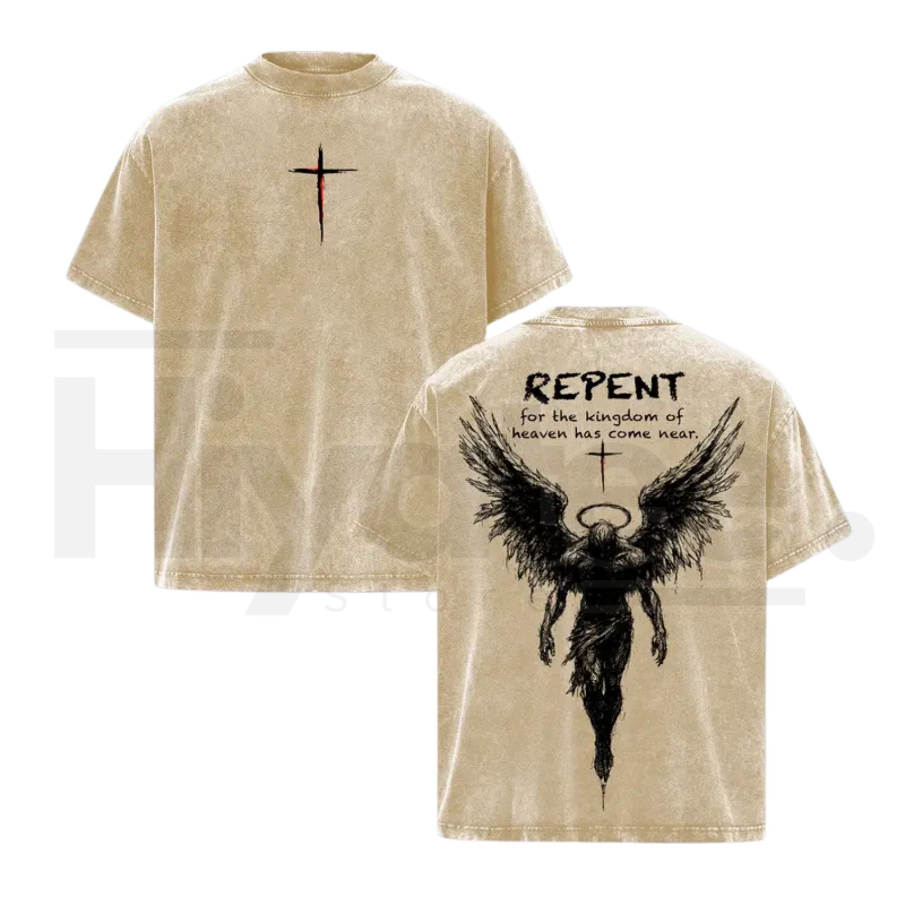 Repent Vintage Washed Oversized Christian T-Shirt – Angel Wings Faith Graphic Heavy Cotton Tee