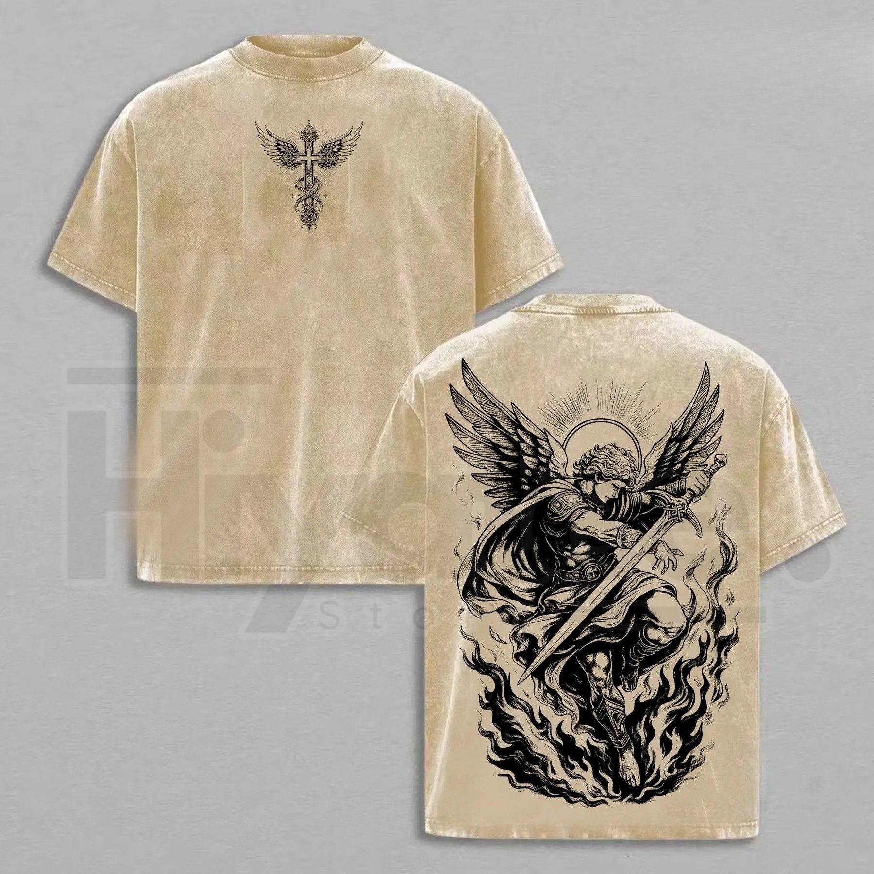 Archangel Michael "Angel of Fire" Vintage Washed Oversized Tee – Heavy Cotton Christian Streetwear