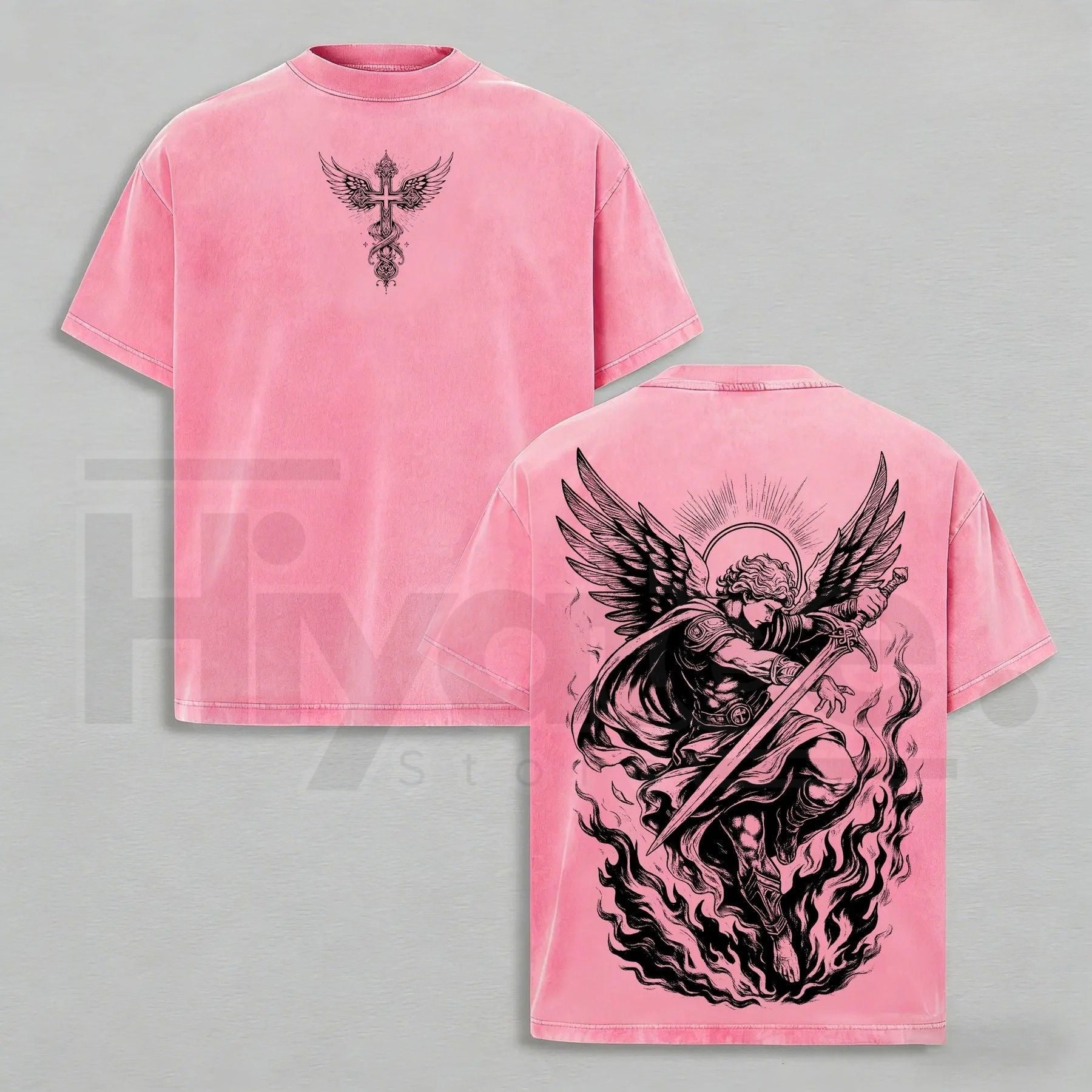 Archangel Michael "Angel of Fire" Vintage Washed Oversized Tee – Heavy Cotton Christian Streetwear