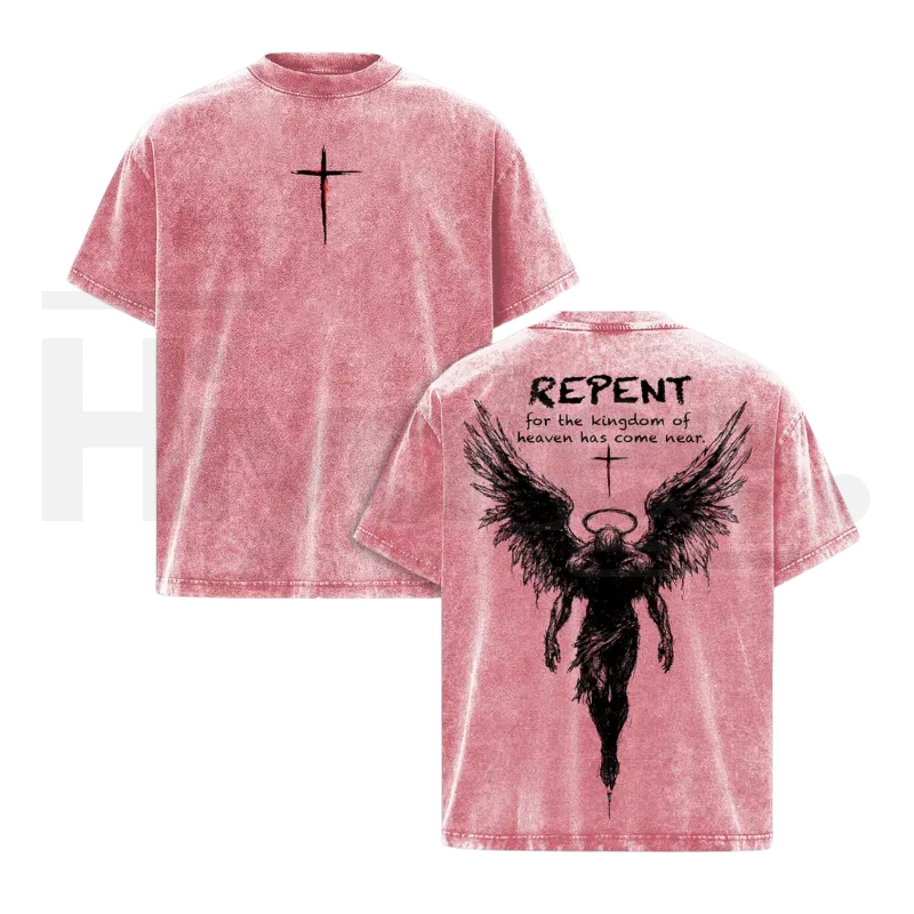 Repent Vintage Washed Oversized Christian T-Shirt – Angel Wings Faith Graphic Heavy Cotton Tee