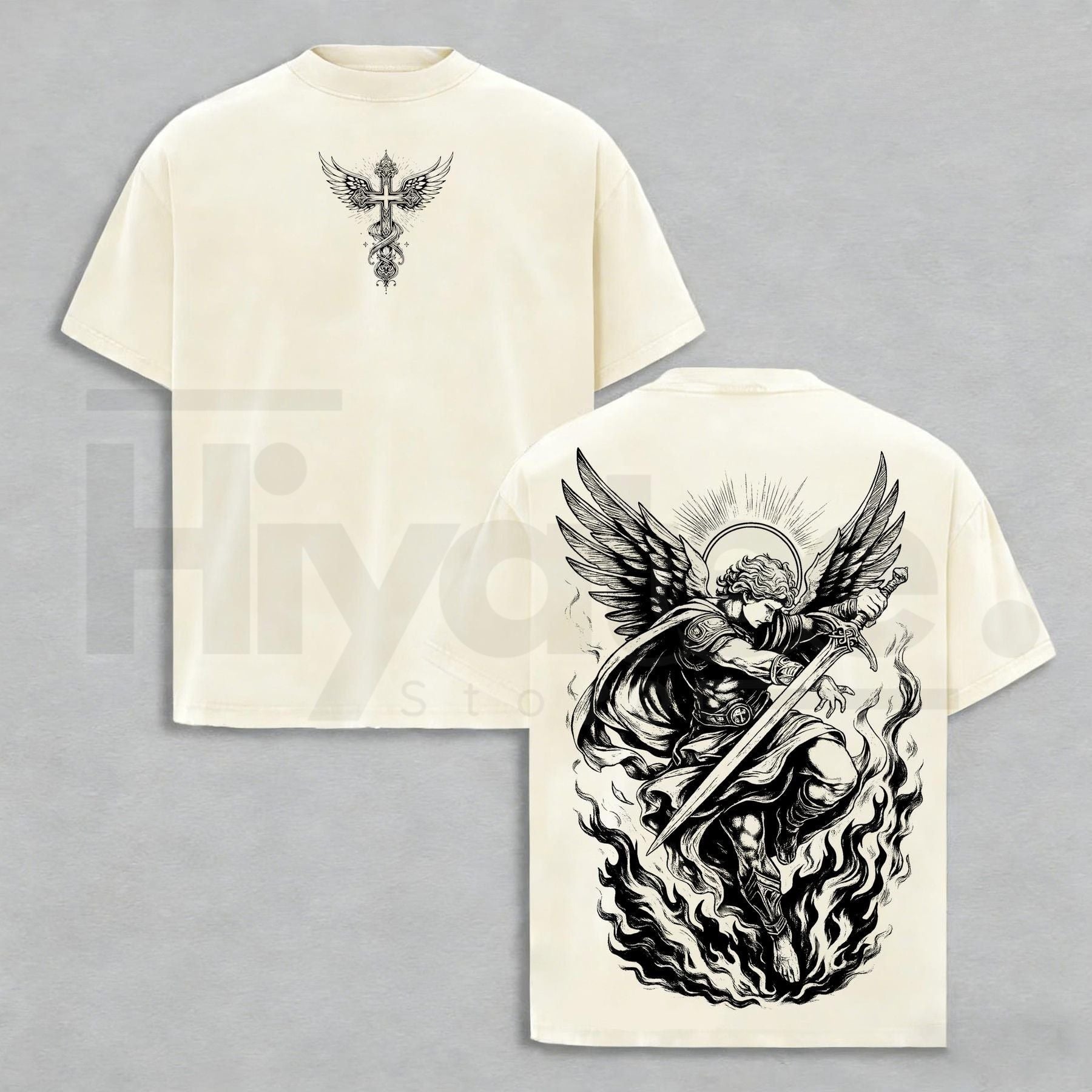 Archangel Michael "Angel of Fire" Vintage Washed Oversized Tee – Heavy Cotton Christian Streetwear