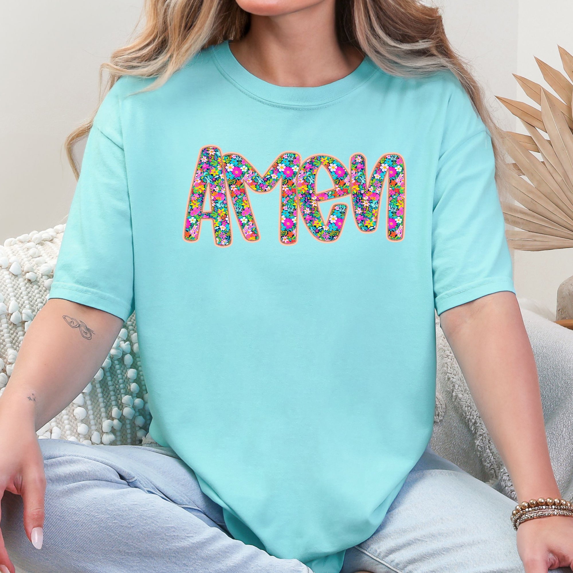 Amen Christian Gospel Faith Floral Flowers Bright Colorful Pastels Comfort Colors Tee