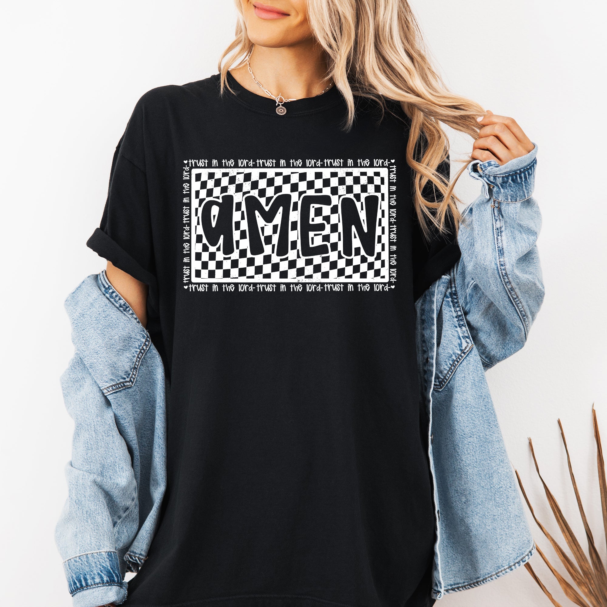 Amen, Trust In The Lord Checkered Christian Jesus Gospel Faith Saved Comfort Colors Tee