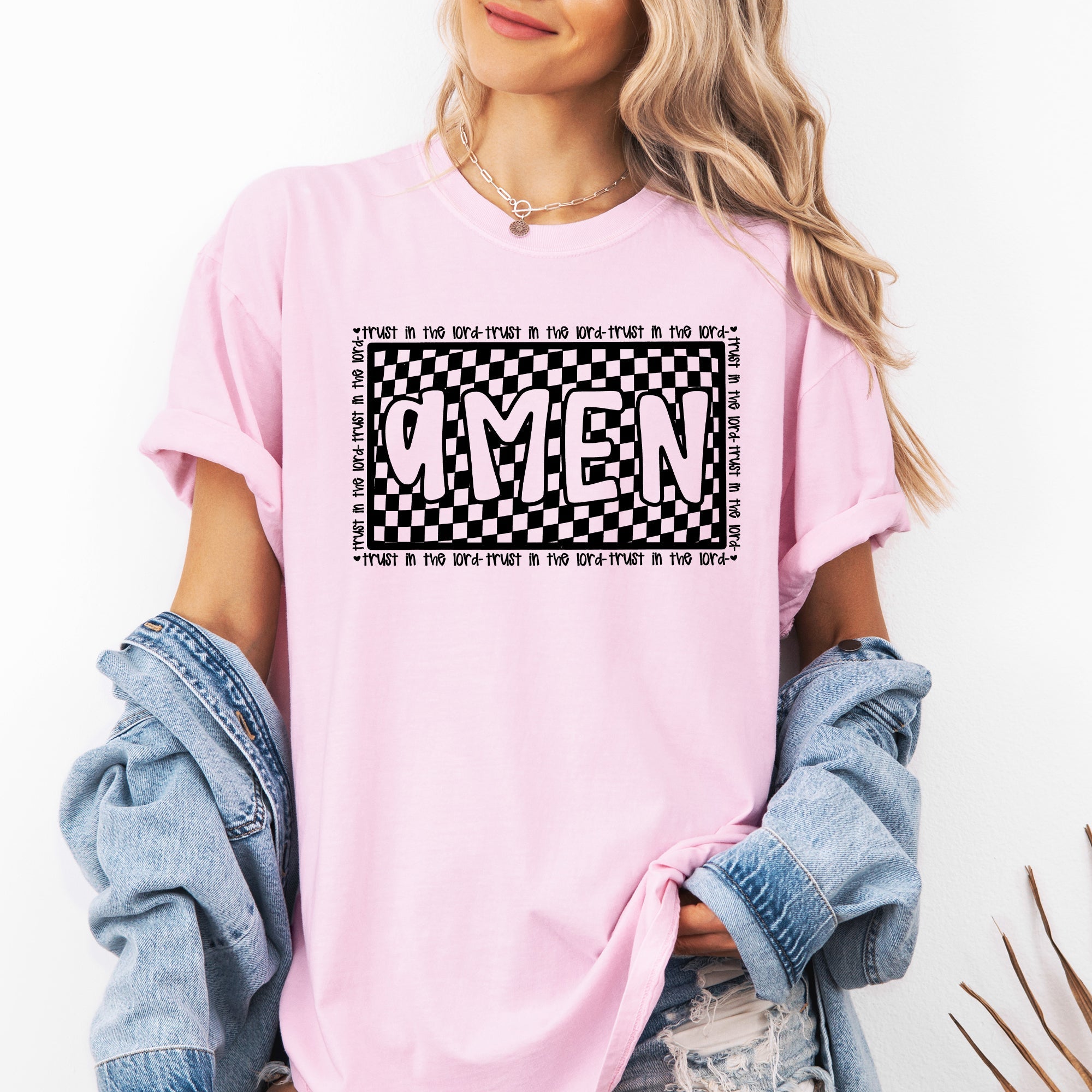 Amen, Trust In The Lord Checkered Christian Jesus Gospel Faith Saved Comfort Colors Tee