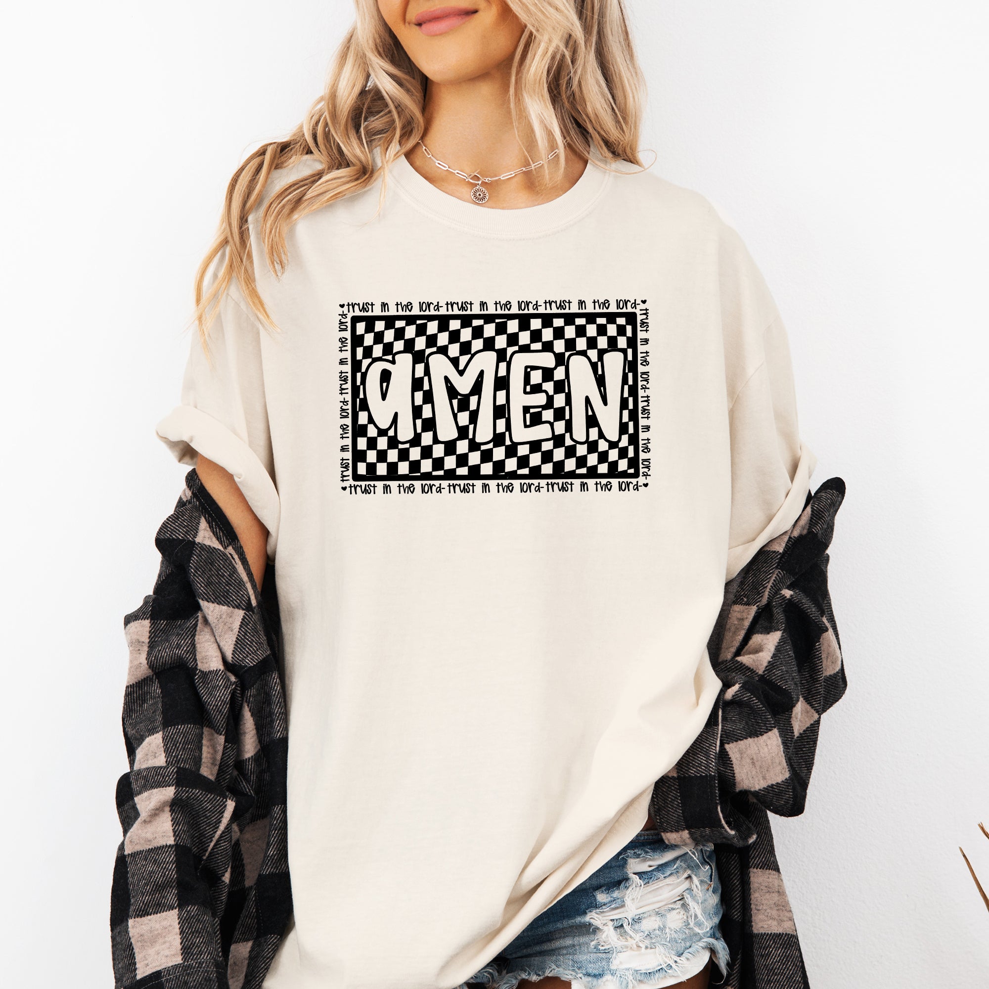 Amen, Trust In The Lord Checkered Christian Jesus Gospel Faith Saved Comfort Colors Tee