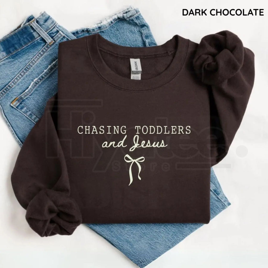 Chasing Jesus and Toddlers Sweatshirt: Coquette Christian Bow Aesthetic Crewneck