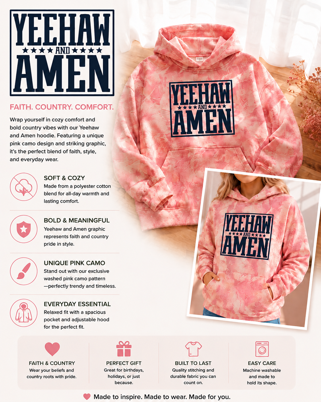 Yeehaw and Amen Pink Camo Hoodie