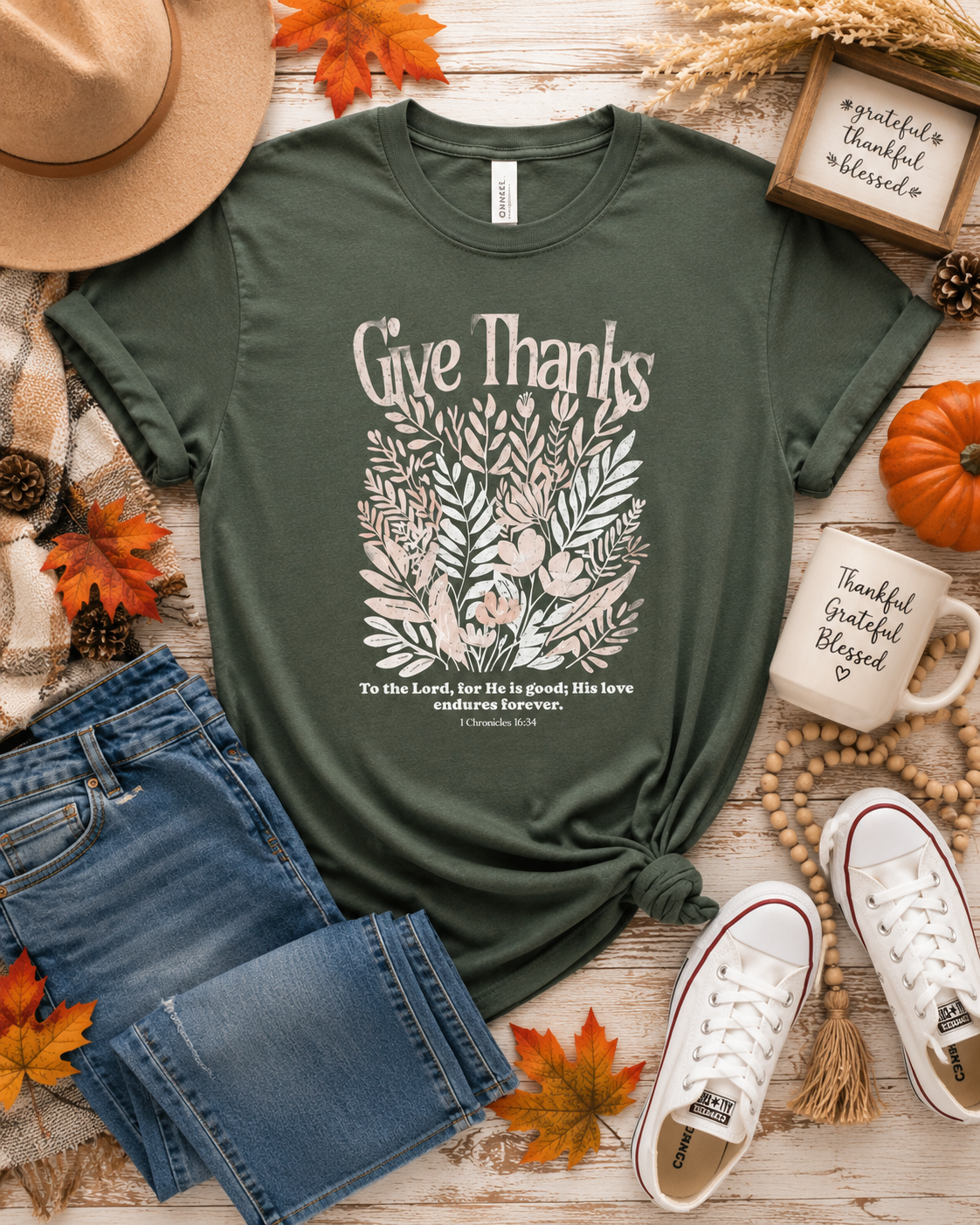 Give Thanks Christian Fall T-Shirt | Faith-Based Autumn Graphic Tee