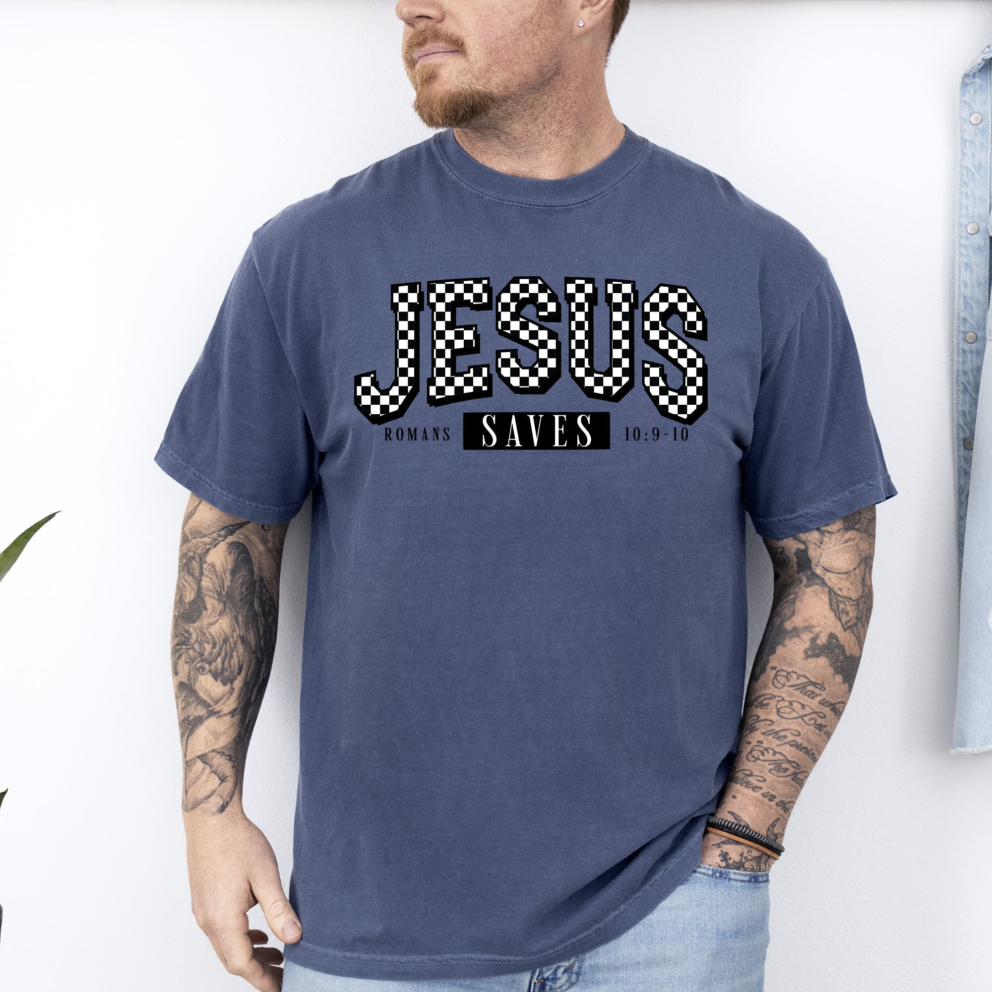 Checkered Jesus Saves Christian Gospel Faith Saved Vintage Graphic Comfort Colors Tee