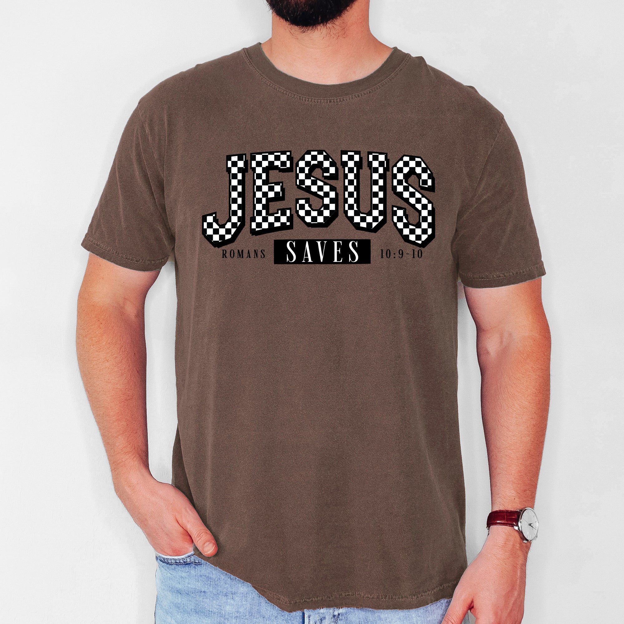 Checkered Jesus Saves Christian Gospel Faith Saved Vintage Graphic Comfort Colors Tee