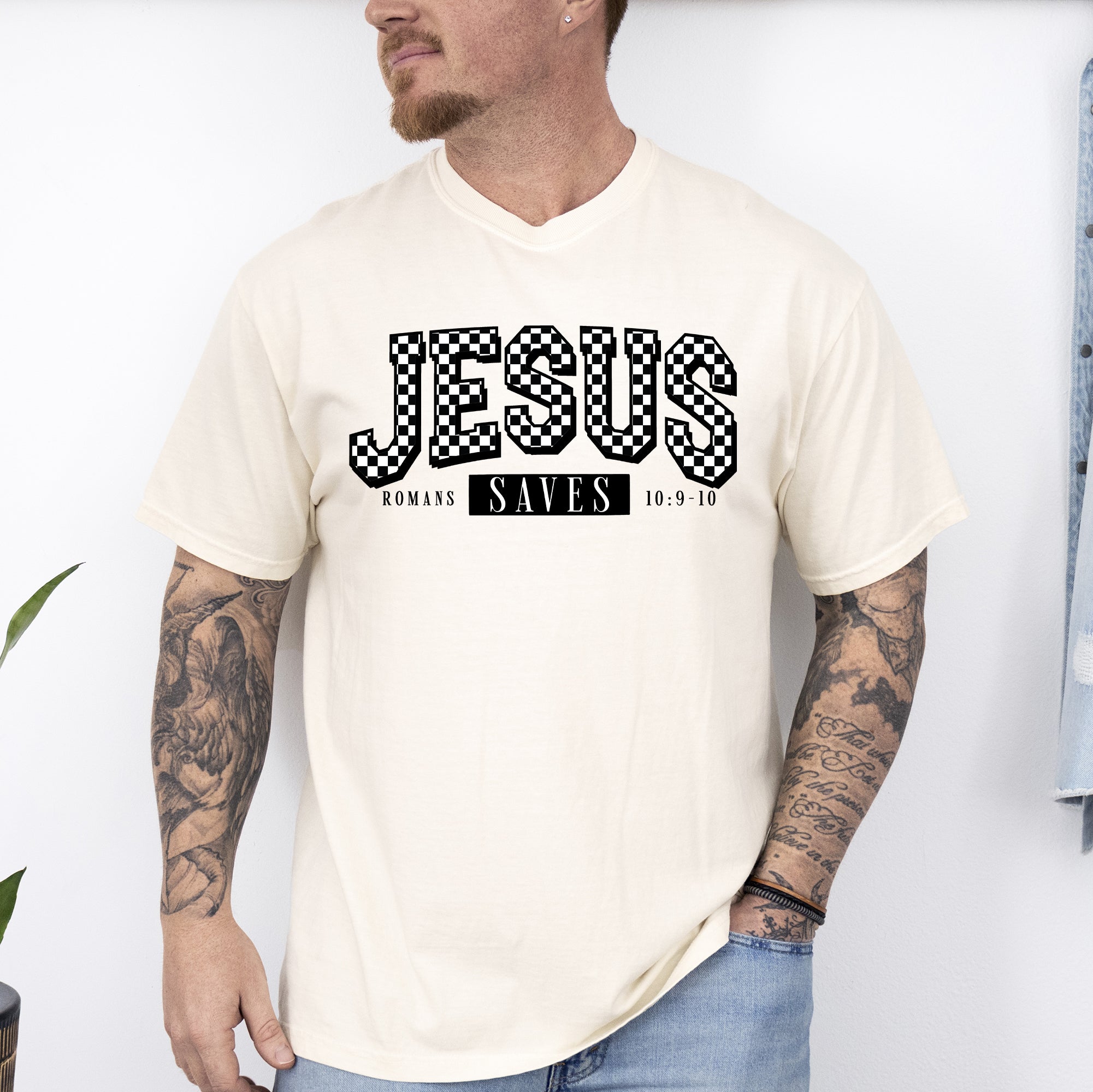 Checkered Jesus Saves Christian Gospel Faith Saved Vintage Graphic Comfort Colors Tee