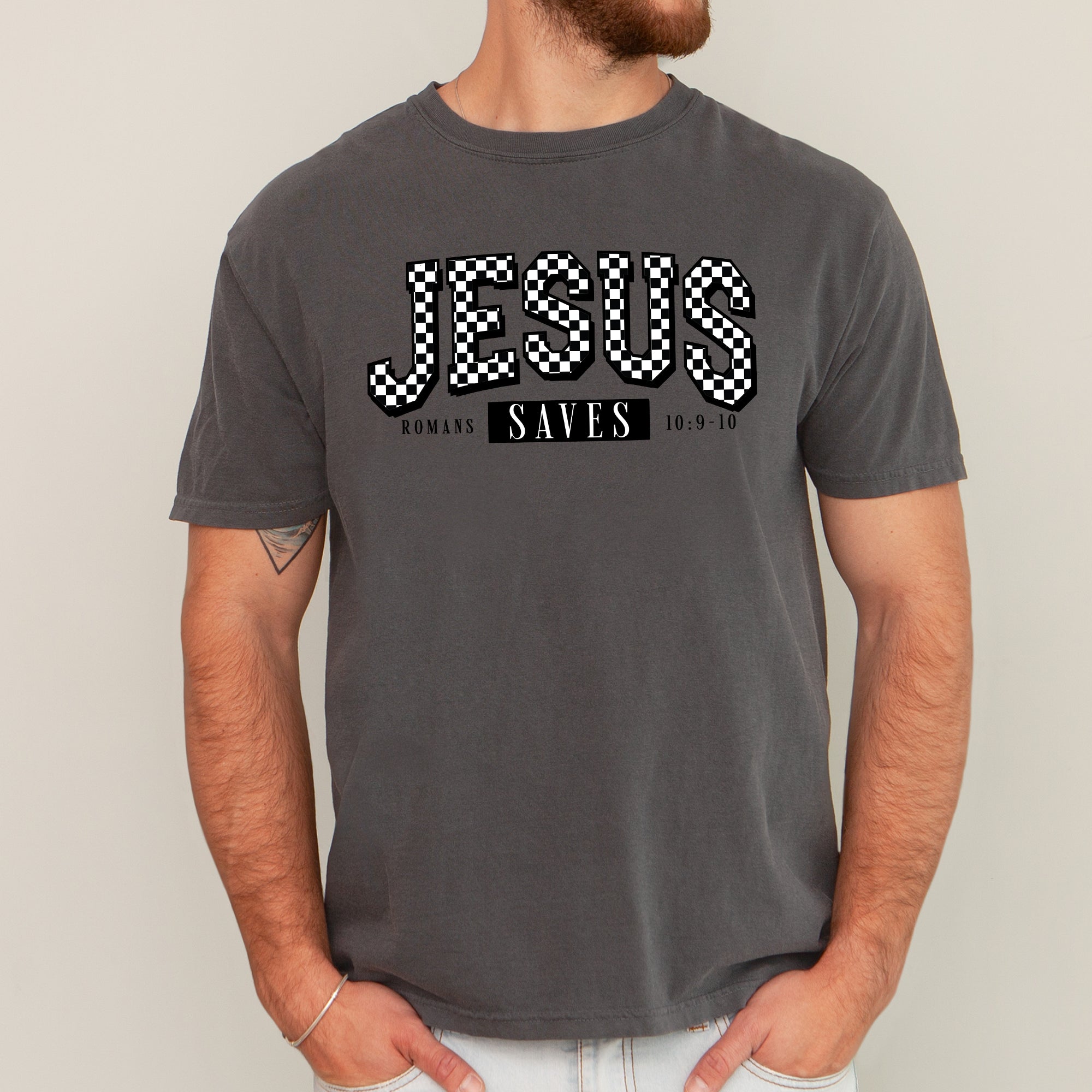Checkered Jesus Saves Christian Gospel Faith Saved Vintage Graphic Comfort Colors Tee