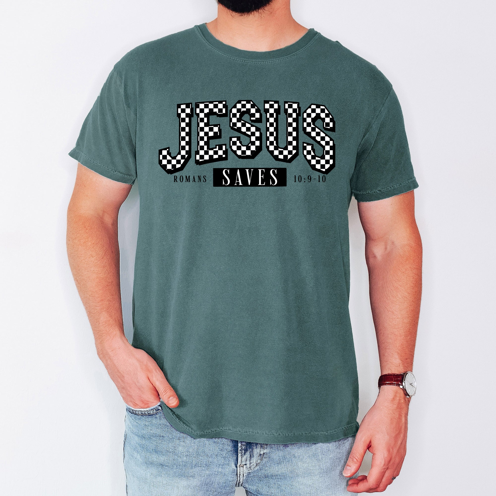 Checkered Jesus Saves Christian Gospel Faith Saved Vintage Graphic Comfort Colors Tee