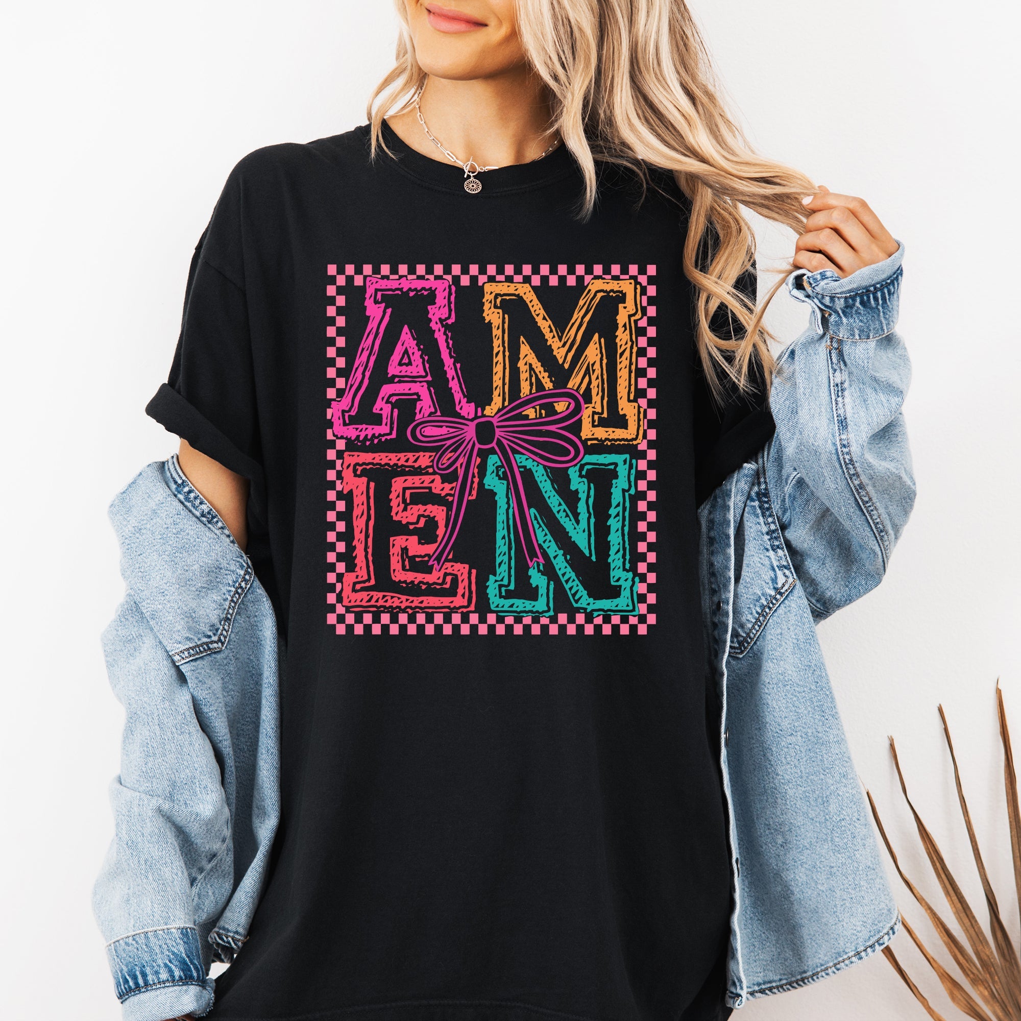 Colorful Amen Bows Coquette Christian Jesus Gospel Faith Saved Comfort Colors Tee