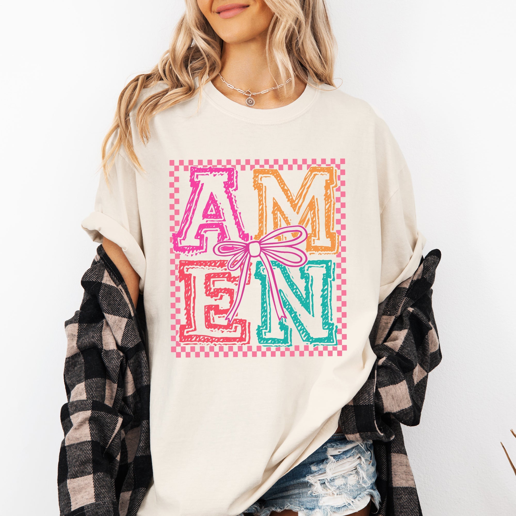 Colorful Amen Bows Coquette Christian Jesus Gospel Faith Saved Comfort Colors Tee