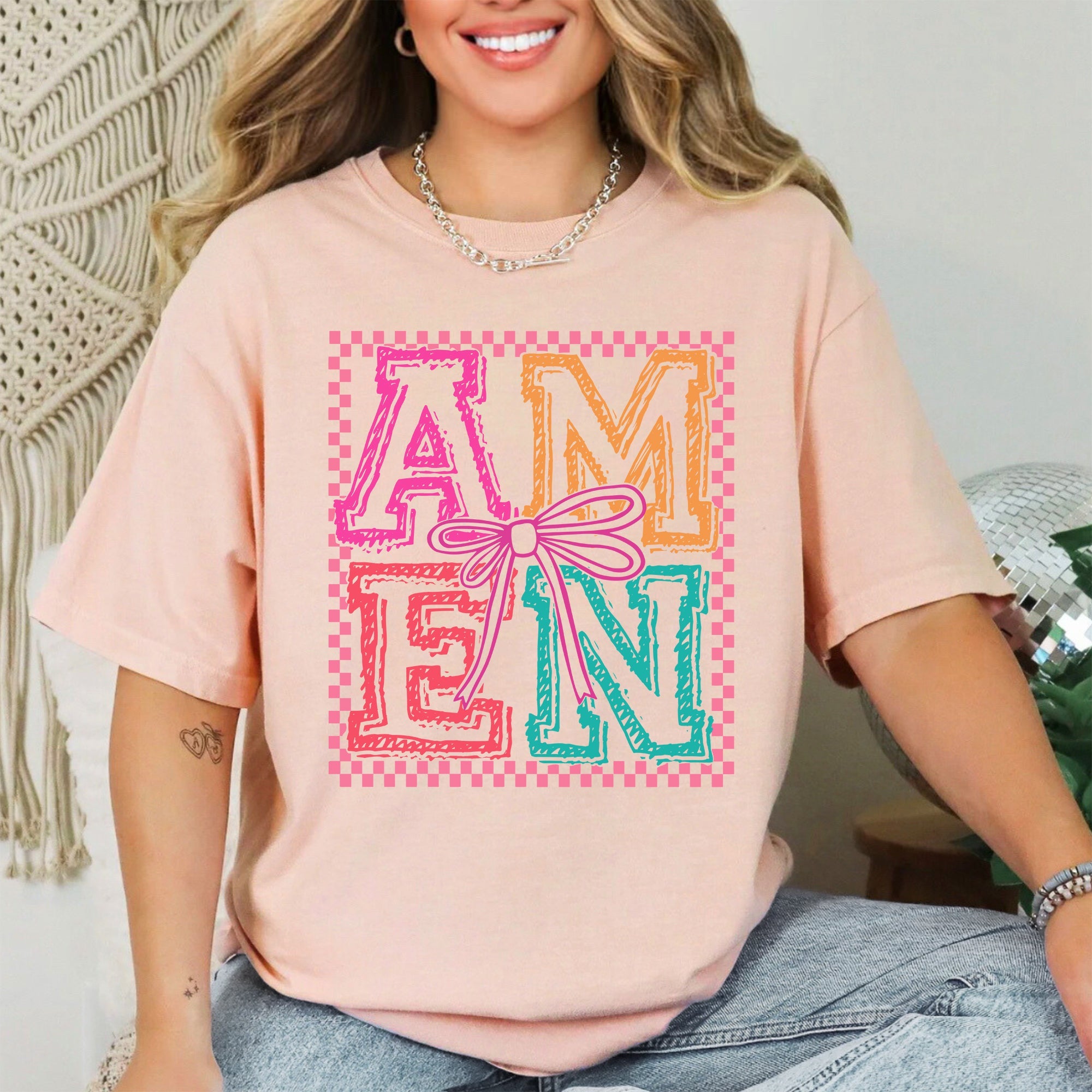 Colorful Amen Bows Coquette Christian Jesus Gospel Faith Saved Comfort Colors Tee