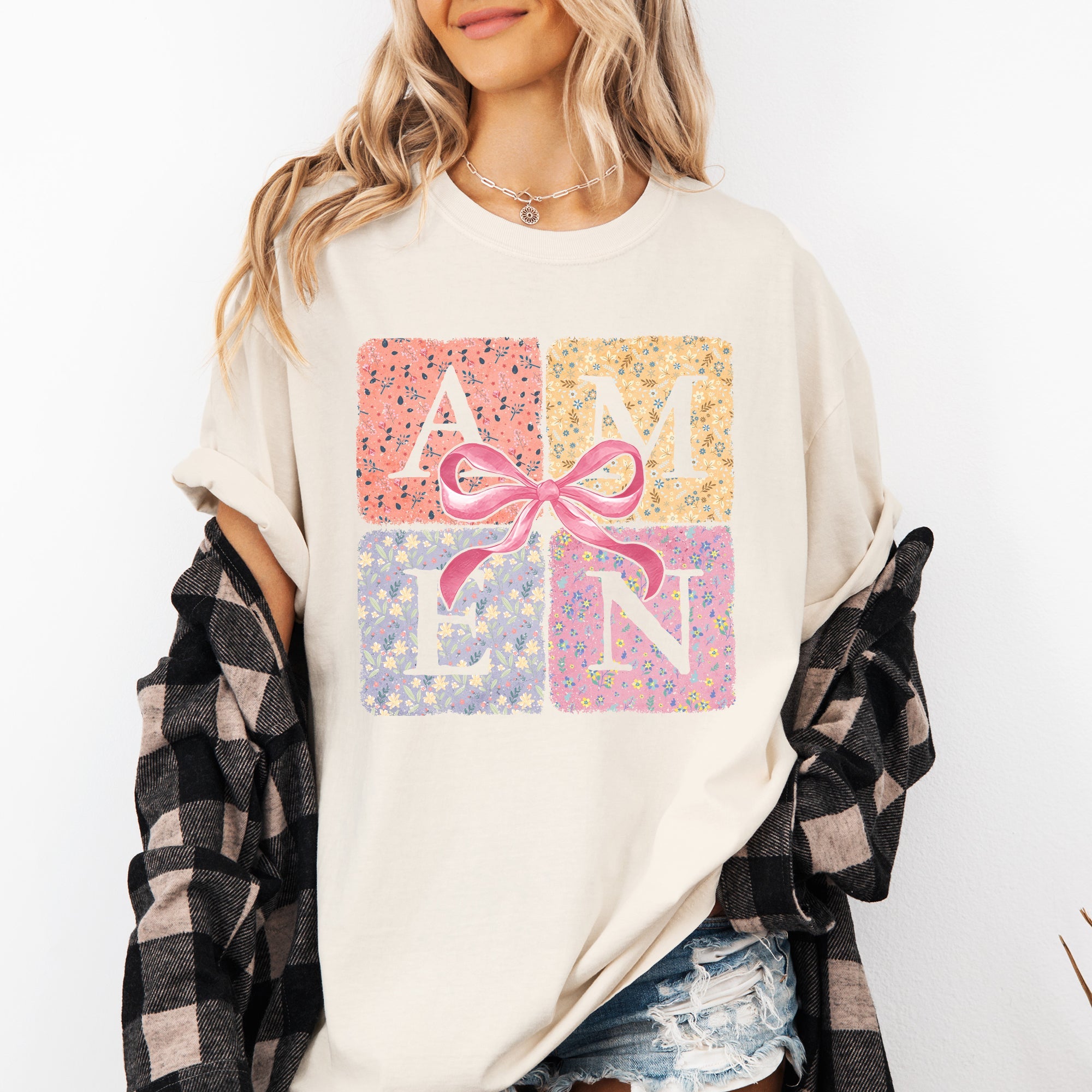 Colorful Floral Amen Ribbon Coquette Christian Jesus Gospel Faith Saved Comfort Colors Tee