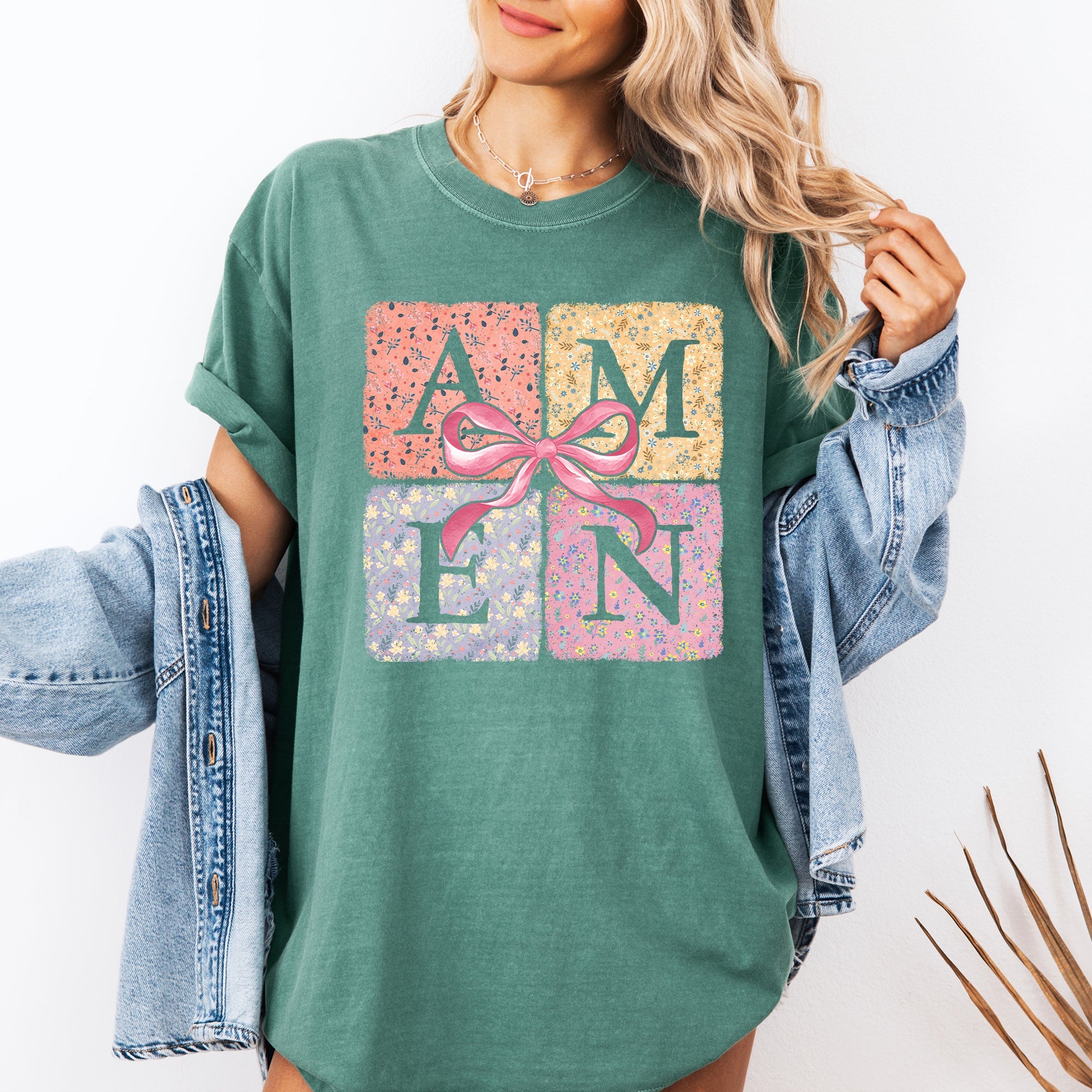 Colorful Floral Amen Ribbon Coquette Christian Jesus Gospel Faith Saved Comfort Colors Tee