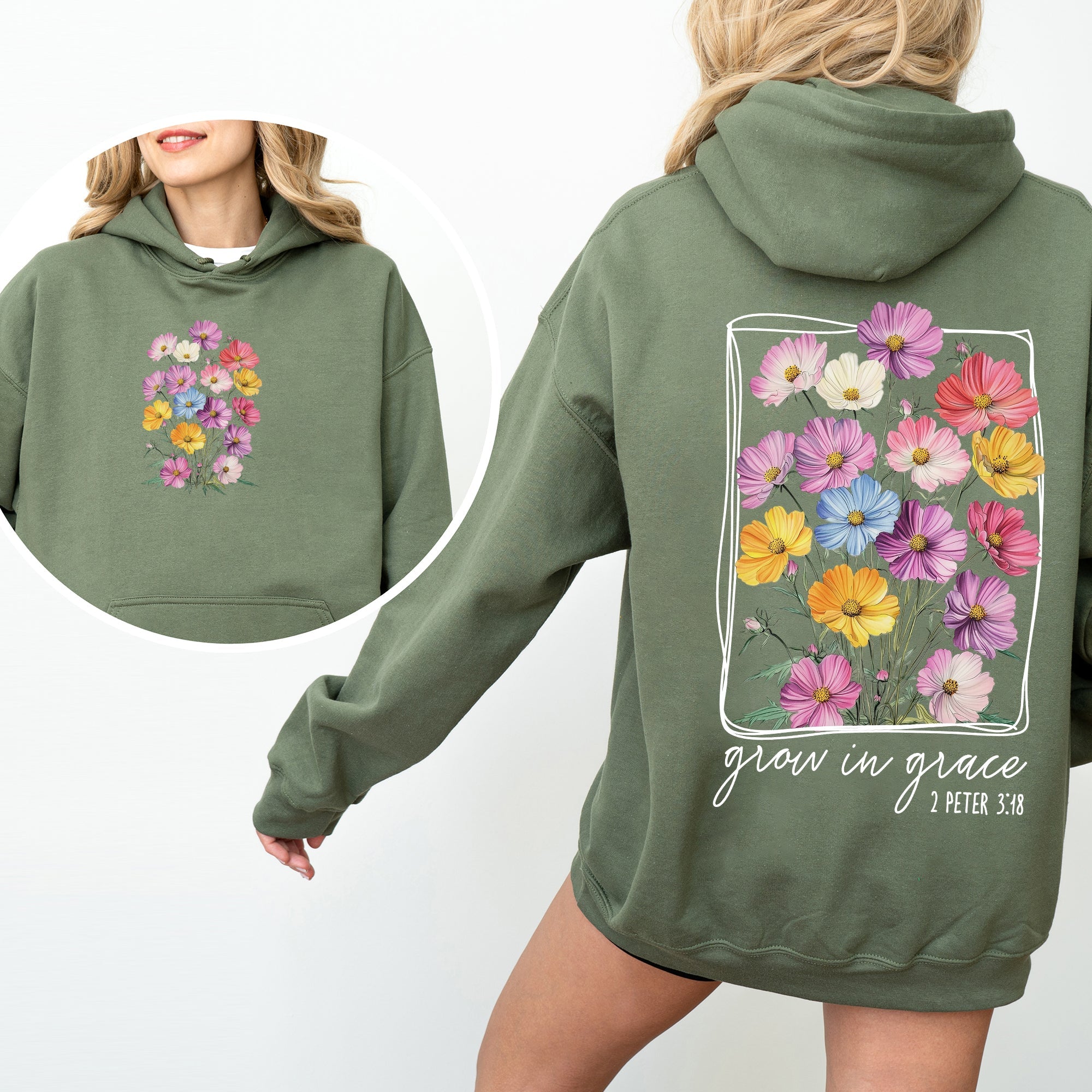 Grow In Grace Flowers Front And Back Christian Faith Gospel Religious Jesus Hoodie