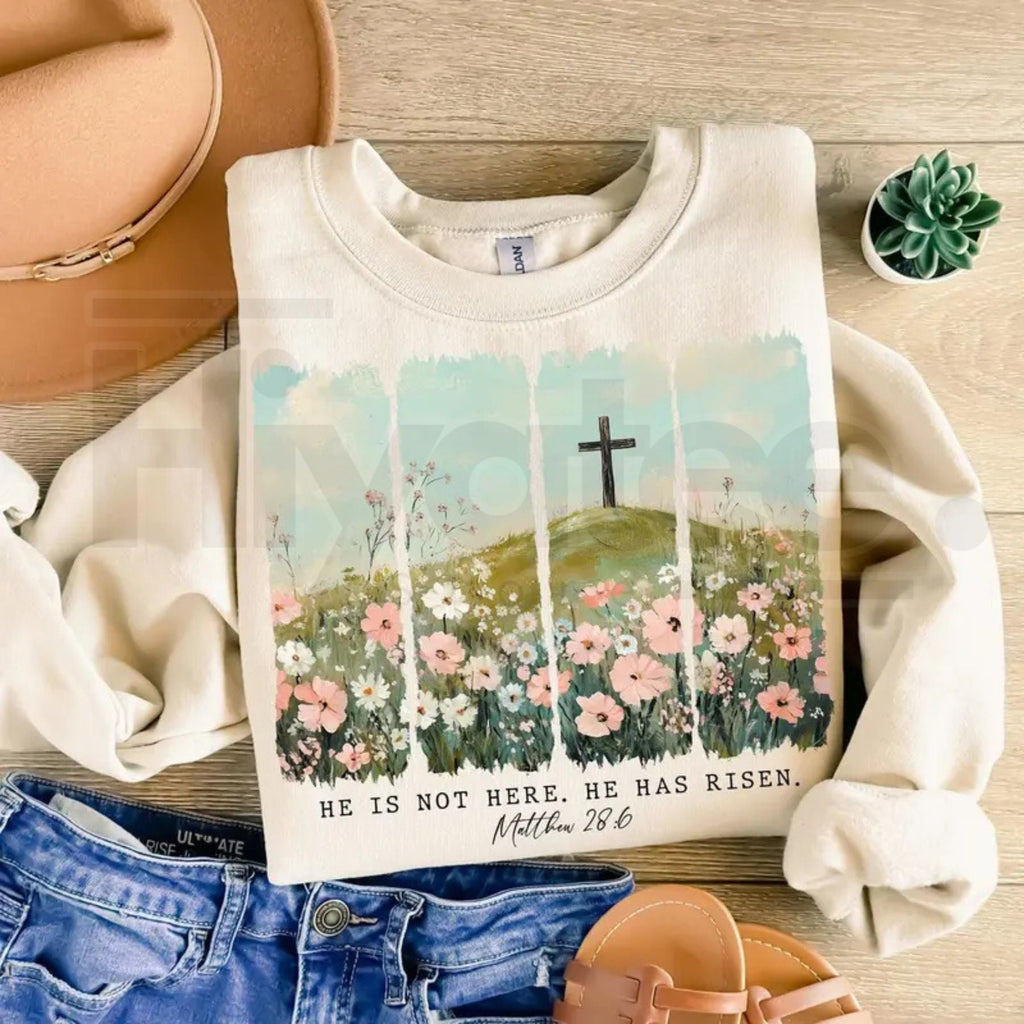 He Is Risen Wildflower Crewneck: Aesthetic Boho Christian Easter Sweatshirt
