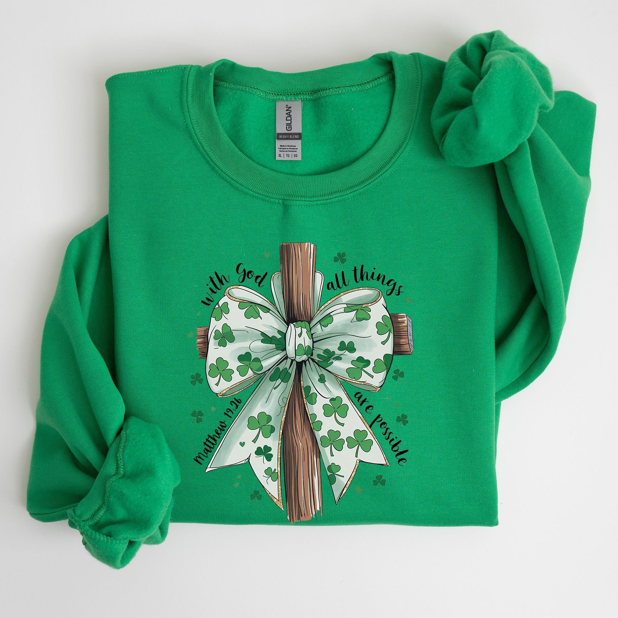 All Things Are Possible Matthew 19:26 Christian Coquette Bow Shamrock Lucky Irish Retro St Patrick's Day Sweatshirt